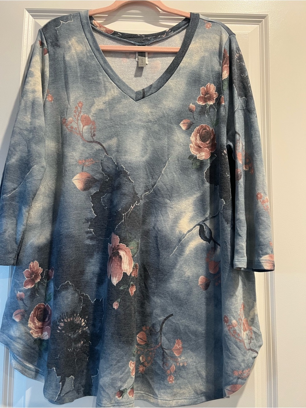Women's Slate Blue V-Neck Tunic with Pink Floral Print